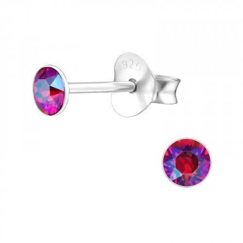 Bungsa Dunkles Metallic Pink- Ohrstecker mit echtem europäischem Kristall (LA CRYSTALE) 3mm rund aus .925 Sterling Silber