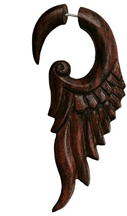 CHICNET Fake Piercing Sonoholz Edelstahl handgeschnitzt groß hell Dunkelbraun Dehner |Herren Damen Lobe Holz Expander Dehnschnecke Spirale Hook |Unisex Ohrstecker Ohrring Ohr Schmuck Wings