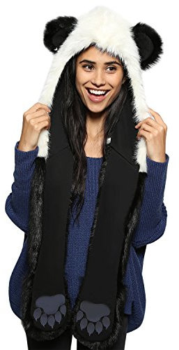 Petalum Damen Winter Warm Mütze Schal Handschuhe Set Kapuzen Handschuhe Warm Kapuzenschal Plüsch Tiere Bär Panda Wolf Paws Ohren Fellmütze