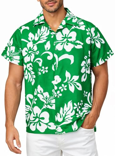 King Kameha Hawaiihemd Herren Kurzarm - Grünes Hawaii Hemd Männer Hibiskus - Hemd Herren Kurzarm Hawaii Outfit - Hawaiian Shirts for Men - Hibiskus, Green, L