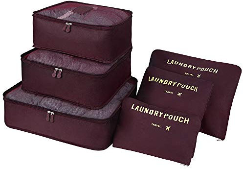 Vicloon Gepäck Organizer, 6-in-1-Set Koffer Organizer Umfassen 3 * Packwürfel und 3 * Aufbewahrungsbeutel, Reise Kleidertaschen für trockene Kleidung, Unterwäsche, Kosmetik und Andere Zubehör(Weinrot)