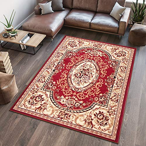 TAPISO Atlas Teppich Kurzflor Rot Creme Beige Traditionell Orientalisch Mäander Orient Design Floral Muster Wohnzimmer Schlafzimmer ÖKOTEX 160 x 230 cm