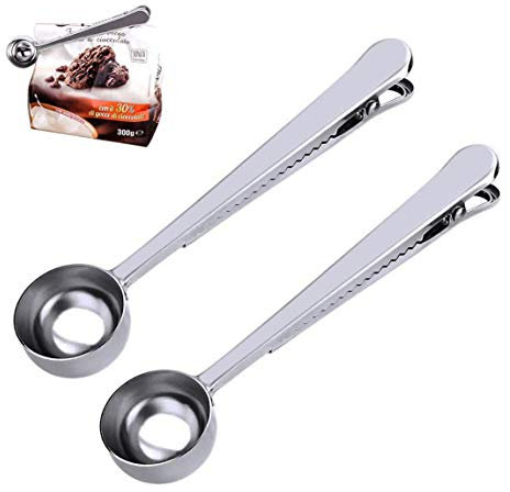 kuou 2PCS Coffee Scoop with Bag Clip, Stainless Steel Coffee Measuring Spoon Ground Coffee Sealer for Cafetiere Ground Coffee and Beans(Silver)