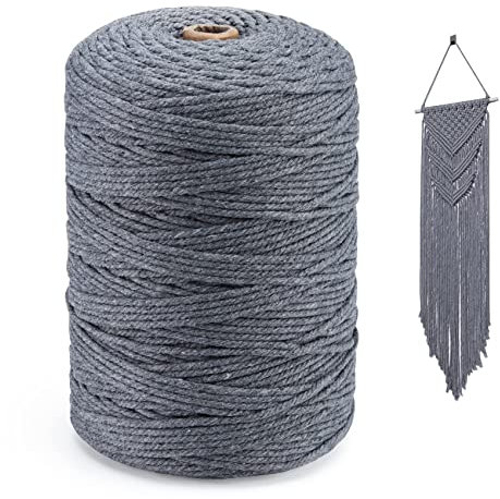Homewit Makramee Garn 3mm Grau, Makramee Baumwolle Garn 300m Polyester Natürliche Baumwollgarn, Strickarbeiten Kettgarn Baumwollschnur für Handtasche, Blumenampel, Traumfänger DekokordelGrau