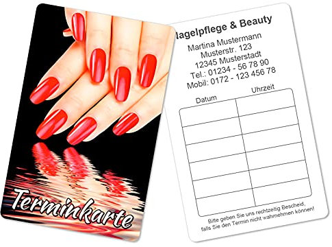 500 Terminkarten bedruckt mit Ihrer Adresse für Nagelpflege Nagelstudio - Kein Stempel notwendig - Inkl. Kartenspender