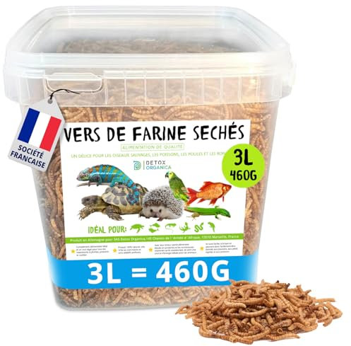 Detox Organica-vers de Farine Séchés-460g=3000ml- Nourriture pour Poissons, Oiseaux Tortues, Hérissons, Rongeurs et Reptiles