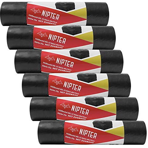 Nipter sac poubelle avec cordon de serrage 60l, sacs poubelle écologique, 25 my, 60x72 cm, noir, 15 sacs poubelle par rouleau, 30 rouleaux