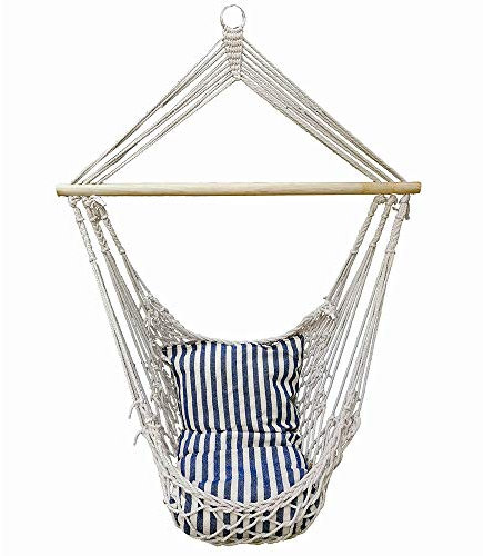 etc-shop Hängesitz Garten Hängesessel mit Sitzkissen Hängematte zum sitzen, Baumwolle blau weiß Holz, max. 120kg, BxT 60x70 cm