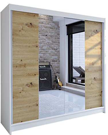 Mirjan24 Talin II Armoire à portes coulissantes avec miroir, tringle à vêtements et étagère, pour chambre à coucher, design moderne, couloir et couloir (sans éclairage, blanc/artisan)
