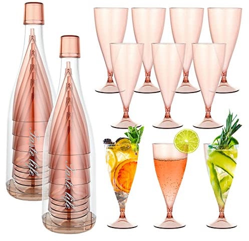 GOYADA 10PCS Plastic Champagne Glasses with Portable Storage Bottle, 150ml/5oz Reusable Plastic Champagne Flutes for Picnic, Parties, Outdoors, Wedding, Birthday, Gathering