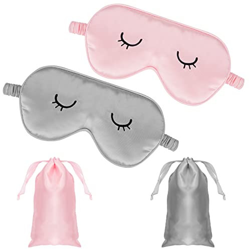 Lusofie Schlafmaske Kinder 2 Stücke Niedliche Seidenaugen Augenbinden Verstellbar Weiche Schlafmaske Augenmaske mit Aufbewahrungstasche für Mädchen Jungen Erwachsene Paare (Grau, Rosa)