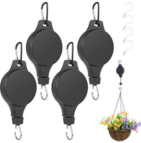 Fippy 4PCS Adjustable Hanging Basket Pulley Plant Pulley Hook with 4PCS White Ceiling Hooks for Hanging Plant Baskets, Bird Feeder, Plant Grow Light, Black