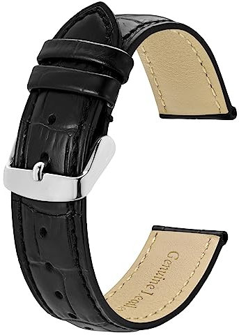 BISONSTRAP Uhrenarmband 24mm, Armband aus Alligator Geprägtem Leder, Schwarz mit Silberne Schnalle