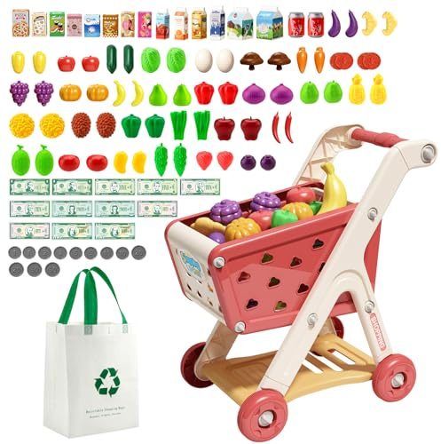 JOVOW Carro Compra Juguetes Infantil, 98 Piezas de Conjunto de Carrito de Compras para Niños con Bolsa de Compras, Conjunto de Juguetes de Cocina y Tienda para Niños y Niñas de 3 Años en Adelante