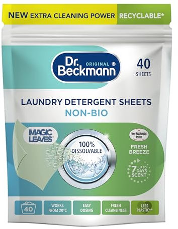 Dr. Beckmann MAGIC LEAVES Laundry Detergent Sheets NON-BIO | Convenient and pre-dosed laundry detergent sheets | Dissolvable climate neutral and easy to use | 40 sheets