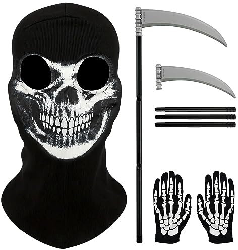 SHOWHEEL Halloween Skeleton Maske Handschuhe set,1 Schädel Gesichtsmaske+1 Schädel Handschuhe+1 Halloween Sichel,Halloween Schädel Gesichtsmaske Dekoration Accessoire,für Halloween,Cosplay,Karneval