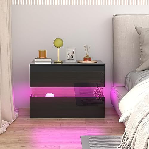 Chleby Modern Hochglanz-Nachttisch, Nachttische Schwarz Groß Nachttisch Beistelltische mit 2 Schubladen für Schlafzimmer, Wohnzimmer
