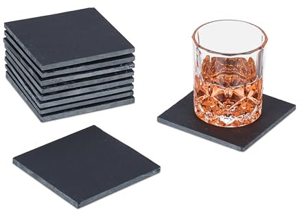 Relaxdays Dessous de Verre en Ardoise, Lot de 10, Supports carrés, H x L : 10 x 10 cm, pour Boissons, Anthracite
