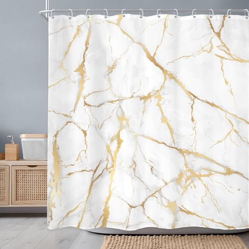 Newsely Rideau de Douche en marbre Abstrait doré et Blanc, 183 x 183 cm (l x H), Motif Ligne craquelée, Texture géométrique, esthétique, Ensemble Unique et imperméable, Accessoires de décoration de