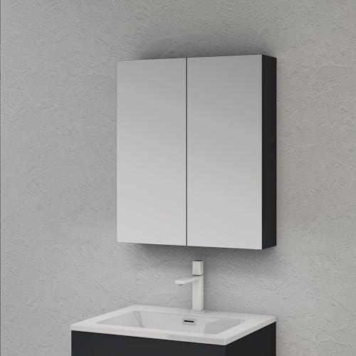 doporro Spiegelschrank Wandschrank mit Spiegel in matt Anthrazit 60x70 cm Hängeschrank Aufbewahrungsschrank für Badezimmer 2 Türen mit verstellbarem Regalbrett Spiegelschrank 02