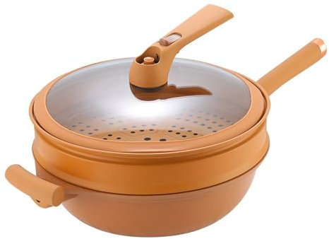 GVXOX Non-Stick Clay Wok with Steamer, Multifunctional Pottery Clay Wok, 2 In 1 Frying Pan Set, Clay Wok Cooker for Cooking, with Glass Lid