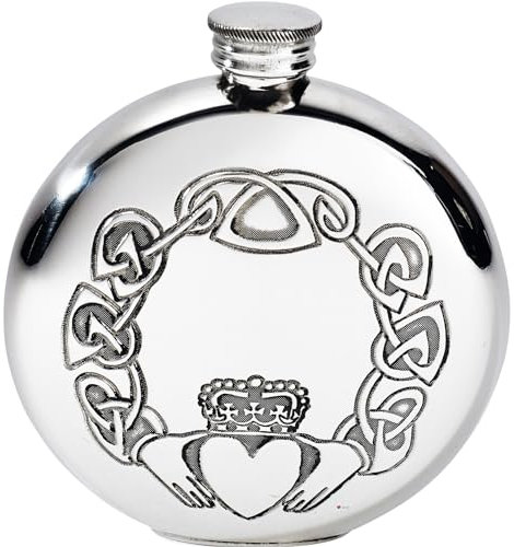 I LUV LTD 6 oz Étain Poche Flasque Ronde avec la Conception Celtique de Claddagh Finition Polie Brillante Couvercle à Pas de Vis