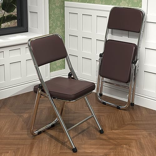 Lvhecforhm 1er Set Klappstuhl mit Rückenlehne, Esszimmerstühle, Küchenstuhl mit Stahlrahmen, Esszimmerstuhl Konferenzstuhl Klappbar, Klappstühle Braun Leder, Loungesessel, Modern Freien Klappstühle