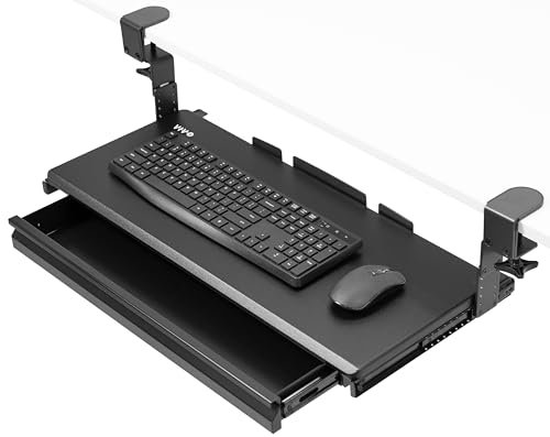 VIVO Large Height Adjustable Clamp-on Keyboard Tray, Extra Sturdy Pull Out Platform with Storage Drawer, 27 (33 Including Clamps) x 11 inch Slide-Out Tray with Organizer, Black, MOUNT-KB05HB-DR