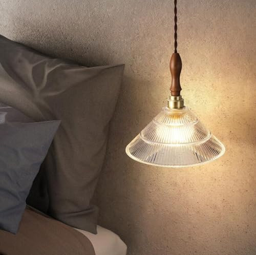 SXYSXYSXY Vintage Glas Hängelampe Japanischer Stil Holz Esstischlampe Hängeleuchten Nachttisch Pendellampe Modern Minimalismus Schlafzimmer Für Küche E27 Ø25*22cm