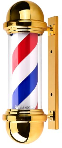 precious harvest 51cm Barbier Pole, Rot Blau und Weiß Barbershop Rotierende Leuchte, Klassische Schilder für Friseursalon, LED-Lichtquelle, Wandmontage, Gold