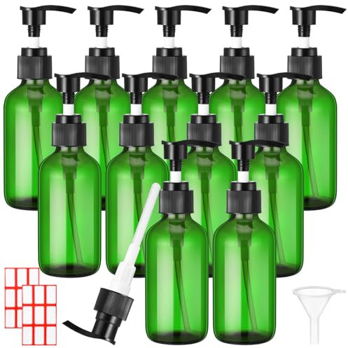 Tanlade 12 botellas de vidrio vacías de 113.4 g con bomba, dispensador de jabón de manos de vidrio recargable, contenedor de almacenamiento de líquidos, para champú, aceites esenciales, cosméticos
