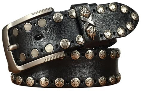 JIARY Ledergürtel Herren, Herren-Gürtel Nietengürtel Punk Lässiger Verstellbarer Western Motorrad Echtledergürtel Vintage mit Dornschließegürtel aus Legierung,Schwarz,100CM/39.4''