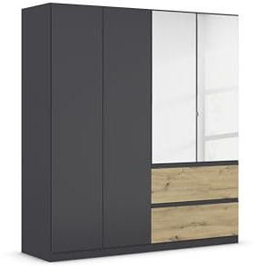 Rauch Möbel Costa, Drehtürenschrank, Kleiderschrank, 4-türig, 2 Spiegeltüren, 2 Schubkästen, Grau-metallic/Eiche Artisan, Holz, Schwarz, Push-to-Open, Griffprofil grau-metallic, 181x197x54 cm