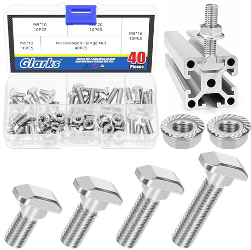 Glarks 80pcs M5 T Slot Drop-in Bolt with Hexagon Flange Nut Set, 10/12/16/20MM Hammer Head T-Bolt, T Shape Stud Sliding Screw, T Screw Stud for European Standard 20 Series Aluminum Profile