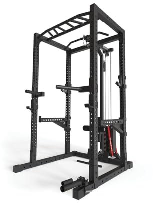 Atletica R7-Cyrax Power Rack | 90kg oder 120kg Steckgewichte | Latzug mit Legblocker | Rudereinheit | Multi-Grip Bar | Safety Spotter Arme | Dip Station | Landmine Größe 200 cm