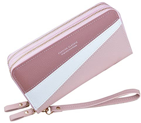 Damen-Geldbörsen, Leder, doppelter Reißverschluss, lang, großes Fassungsvermögen, Clutch, doppellagig, Spleißen, kontrastierende Farbwechsel, Handytasche, Clutch, Geldbörse für Damen (RD1,