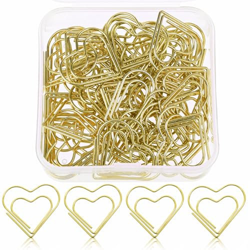 100 Stück Büroklammern Herz Büroklammern, Gold Büroklammer Herzförmige Büroklammern, Lesezeichen in Liebesform, Büroklammern aus Metall für Bürobedarf Hochzeiten Postkarten Schule Büro Vorräte