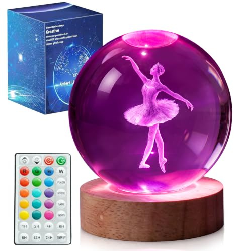 POSSHE Ballett Nachtlicht, Tanzaufführung Geschenk, K9 8 cm Kristallkugellampe mit 16 Farben Fernbedienung, Upgradierte Lampe für Geburtstag & Weihnachten, Geschenk für Ballerina Mädchen