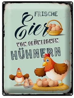Femer Blechschild Hinweis 30x40cm Frische Eier von glücklichen Hühnern