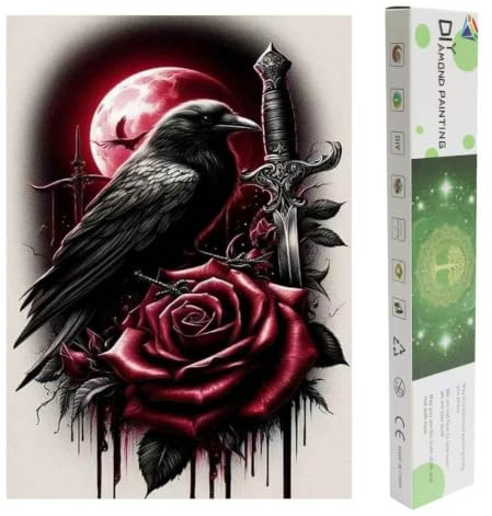 SHEGZHUC Diamond Painting Rote Rosen Krähe mit Eleganter Verpackung 30x40cm | Diamond Painting Tiere Blumen Mond Schwert Horror Gothic Rot Schwarz, Mosaik Stickerei Kreuzstich Geschenk Wanddeko