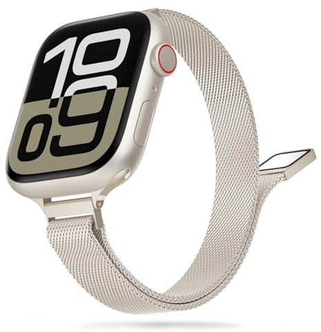 Tuocal Schmal Armband Kompatibel mit Apple Watch Armband 38mm 40mm 41mm 42mm(Series 10), Schlank Milanese Mesh Metall Apple Watch Armband für iWatch Series 10 9 8 7 6 5 4 3 2 1 SE Damen, Sternenlicht