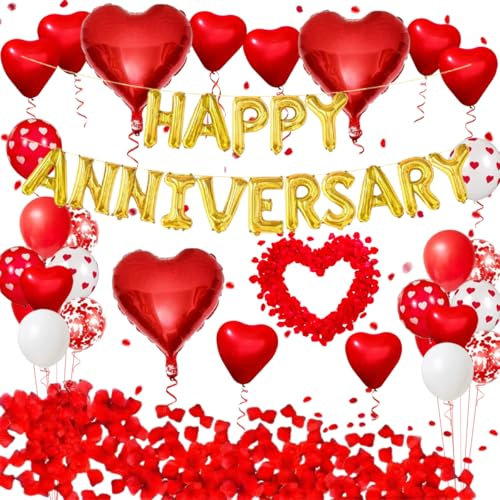 Happy Anniversary Dekorationen, Happy Anniversary Ballon, 1000PCS rote Seidenrose Blütenblätter rot weiß Luftballons, rote Herz Ballons für Hochzeitstag Valentinstag Vorschlag Party Dekorationen