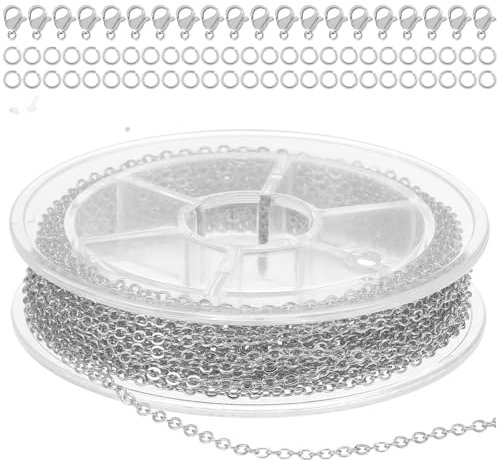 Ptwola Silver Thin Chain Stainless Steel Necklace Chains for Jewelry Making Flat Cable Link Chain with Jump Rings Lobster Clasps Connectors for DIY Craft Necklace Bracelet Jewelry Making