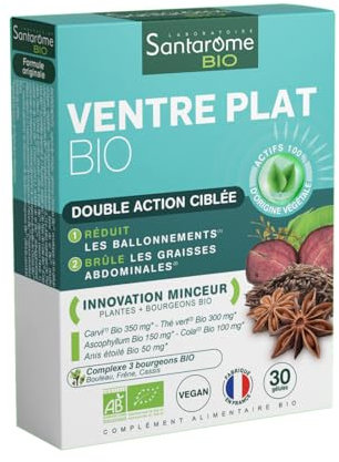 Santarome Bio - Ventre Plat I Complément Alimentaire Minceur Perte de Poids I Action Ciblée Rondeurs Abdominales - A base de plantes Bio - Carvi, Thé vert I 30 comprimés I Végan I Made In France