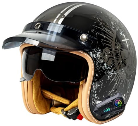 Vintage Bluetooth Casque De Moto Jet ECEDOT Homologué Face Ouverte Casque Mobylette Adulte Demi Casque avec Visière Scooter Casque Sécurité pour Homme Et Femme