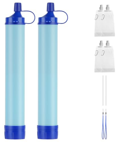 HOTUT Camping Water Filter, 2 Pcs Personal Water Filtration Straw with Gravity Water Bag, Outdoor Water Filter 0.01 Micron Water Filtration System Emergency Gear for Hiking Climbing Travel Backpacking