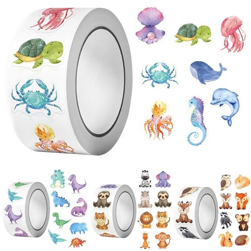 Alovez 2000 Stück Cartoon Tier Aufkleber Kinder Tier Belohnungsaufkleber Animal Sticker Rolle 32 Muster Animal Sticker Rolle Runde Aufkleber Kinder Tiermuster Tiere für Mädchen Junge