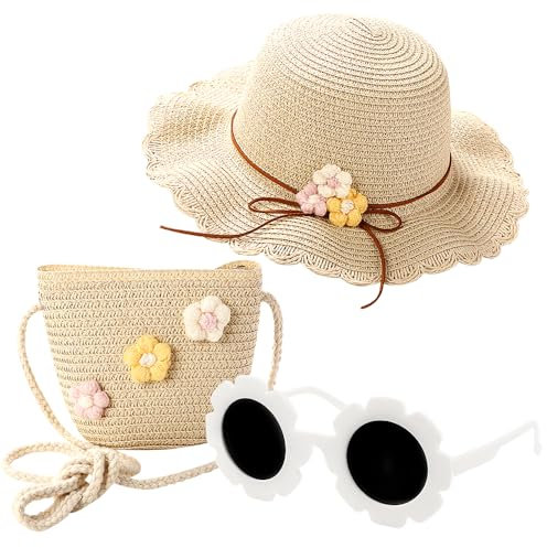 REYOK Girls Straw Hat and Mini Straw Cross Body Bag Sets with Sunglasses,Girl Foldable Wide Brim Hat Sun Protection Floppy Beach Cap for Girls Age 3-12 (UK, Age, One Size, White)