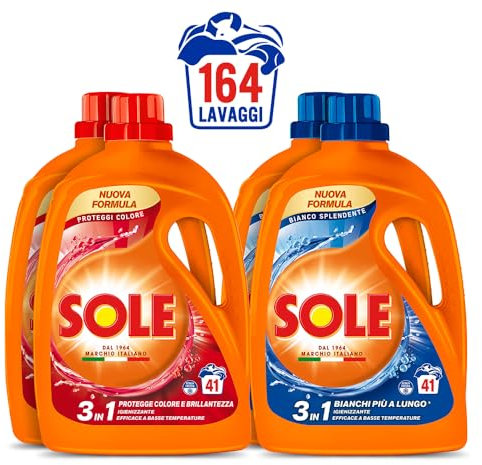 Sole Detersivo Lavatrice 164 lavaggi: Bianco Splendente 82 Lavaggi, Proteggi Colore 82 lavaggi, 4x41. Formula igienizzante, Rimuove le macchie a basse temperature