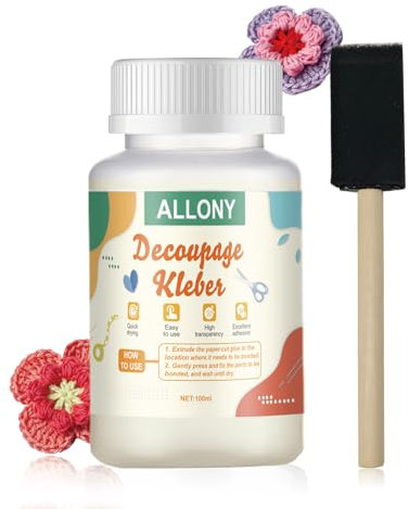 Allony Decoupage Glue, Glue and Finish, Multi-Purpose Clear Craft Sealer, Gloss Finish, Varnish and Decoupage glue, Ideal for Acrylic Paints, Paper, Wood, Ceramics, Fabrics, Clay-100ml